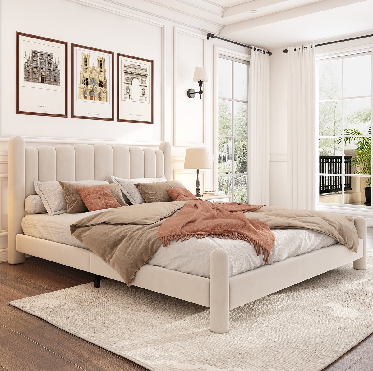MEUNIQ gestoffeerd bed 160x200 cm met lattenbodem en hoofdbord, tweepersoons bedframe van velours met cilindrische poten voor slaapkamer, beige