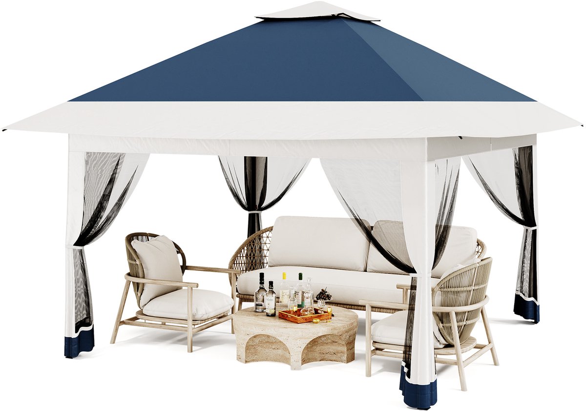 Partytent met 4 Mesh Zijwanden - 360x360x300cm - Waterafstotend Paviljoen met Muggennet - Pop-up - Geventileerd Dak - Draagtas op Wieltjes - Voor Tuin Terras Feest - Donkerblauw