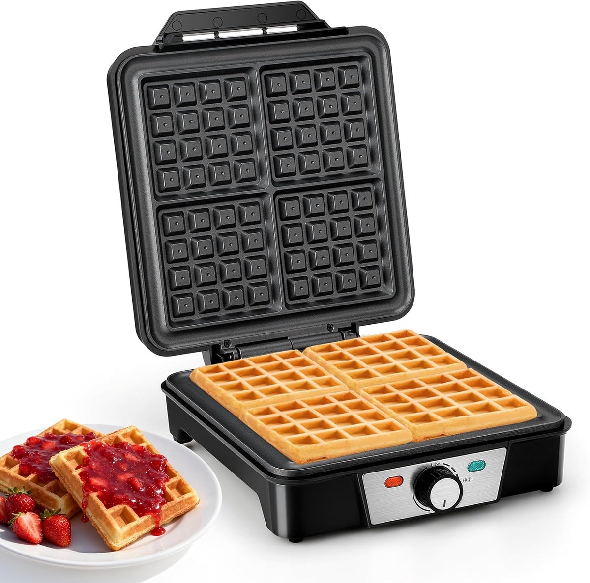 Wafelijzer - Belgische wafels - Lekkere wafels maken - Instelbare temperatuur - Voor 4 wafels - Zwart