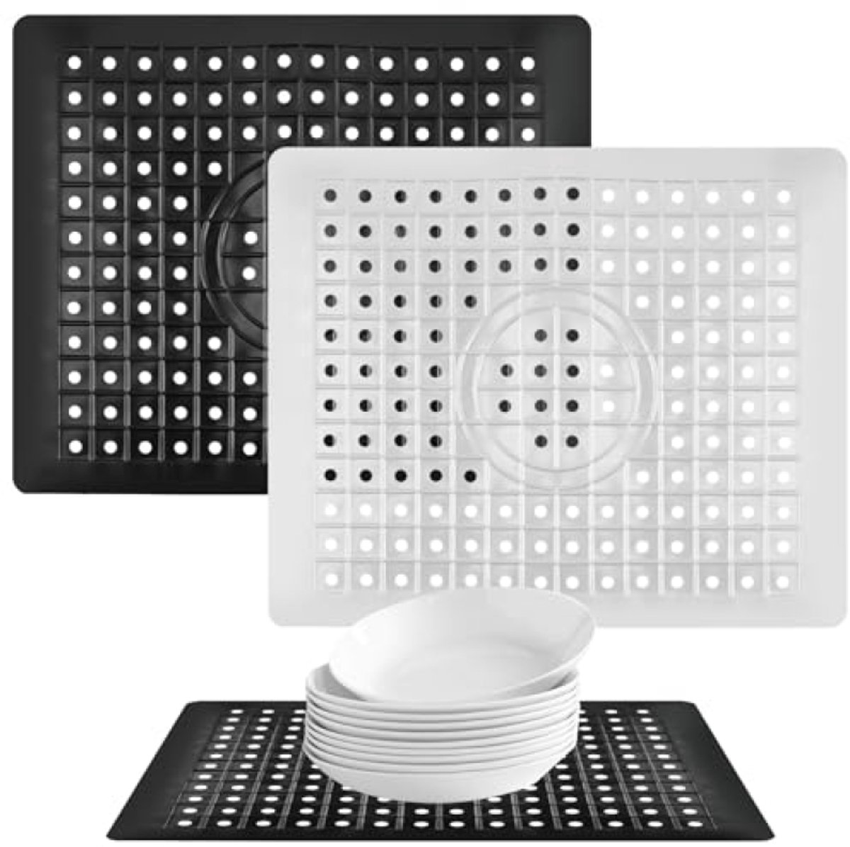 2 Stuks Rechthoekige Gootsteenmat Rubber - 31 x 26 cm Antislip Spoelbakmat met Afvoergat - Beschermmat voor Keuken en Badkamer - Zwart en Wit