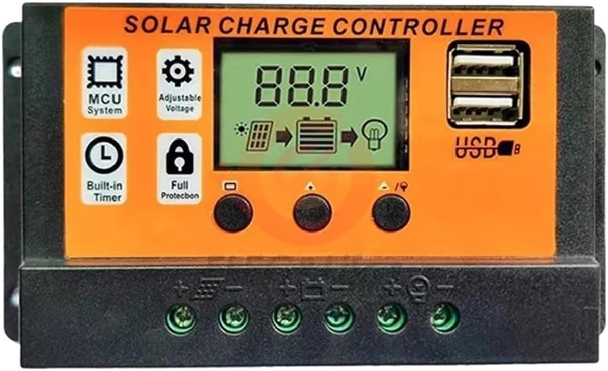 Zonne Laadregelaar - Zonnepaneel Controller - Accu Opladen - Automatische 12V/24V Herkenning - 134 mm x 70 mm - Oranje