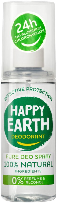 Happy Earth Deodorant Spray, ongeparfumeerd, in een doorzichtige fles met groene dop. Tekst '24h NO ALUMINIUM CHLOROHYDRATE'.