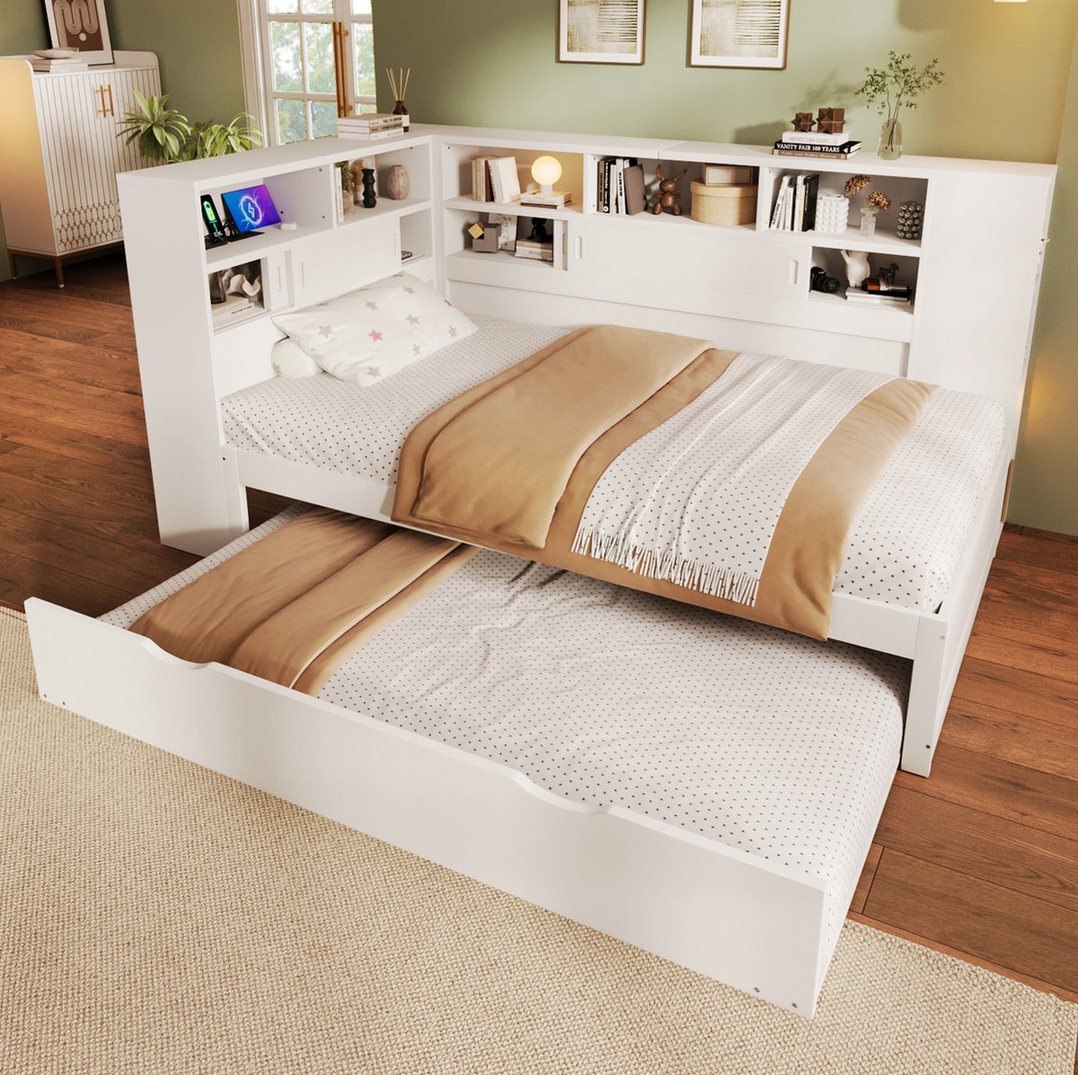 MEUNIQ Bedbank 90 x 200 cm met uitschuifbed 90 x 190 cm, opbergruimte en USB, kinderbed voor kinderkamer, matras niet inbegrepen, wit