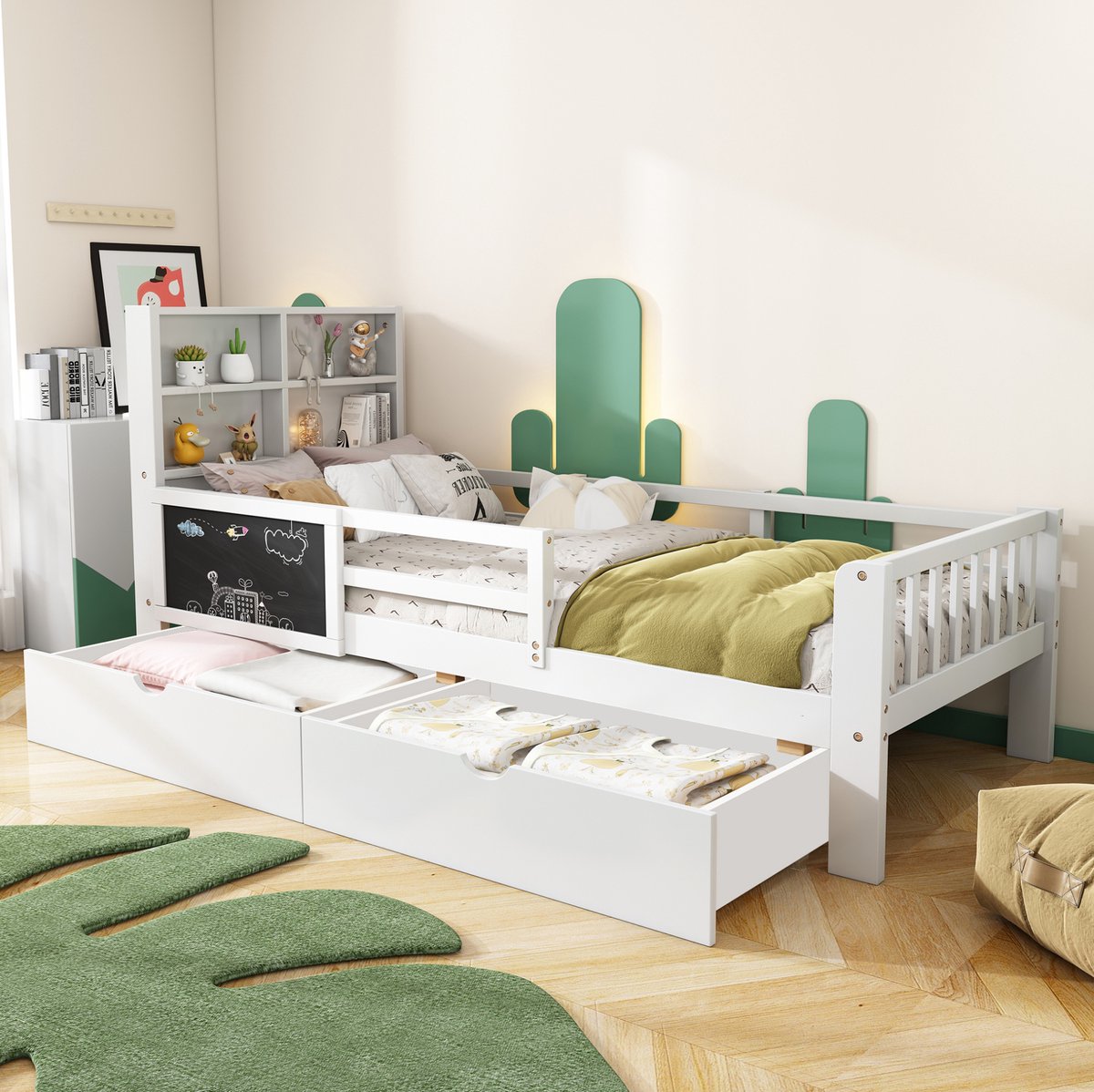 MEUNIQ kinderbed 90x200 cm met 2 lades, krijtbord, veiligheidshekje en lattenbodem, bedframe voor kinderkamer met opbergruimte, wit, zonder matras