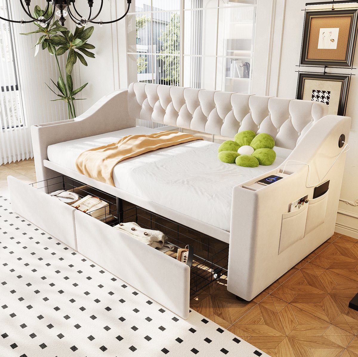 MEUNIQ slaapbank 90x190 cm met USB-aansluiting, opbergruimte in armleuningen, 2 bedlades, zijvakken en lattenbodem, gestoffeerd in beige velours