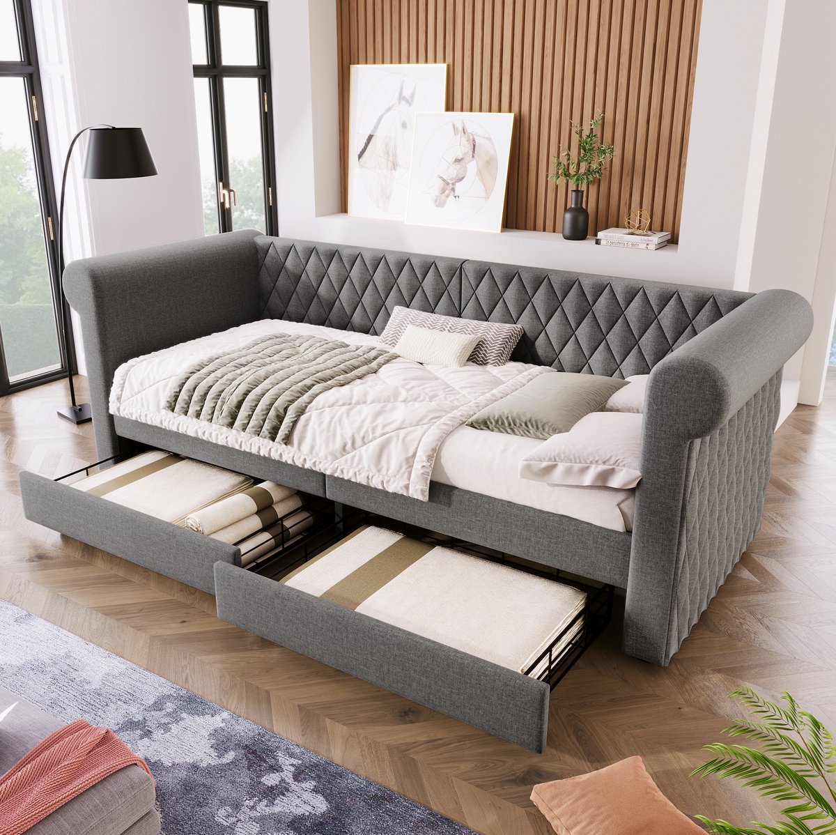MEUNIQ slaapbank 90x200 cm met 2 lades en lattenbodem, grijze bedbank met rugleuning en armleuningen, eenpersoons bed voor slaapkamer of logeerkamer Grijs