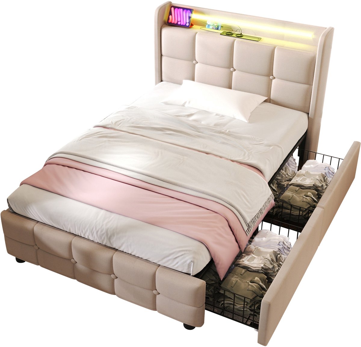 MEUNIQ eenpersoons bedframe 90x200 cm met USB en stopcontacten, LED-verlichting, 2 lades en lattenbodem van hout, beige slaapkamerbed