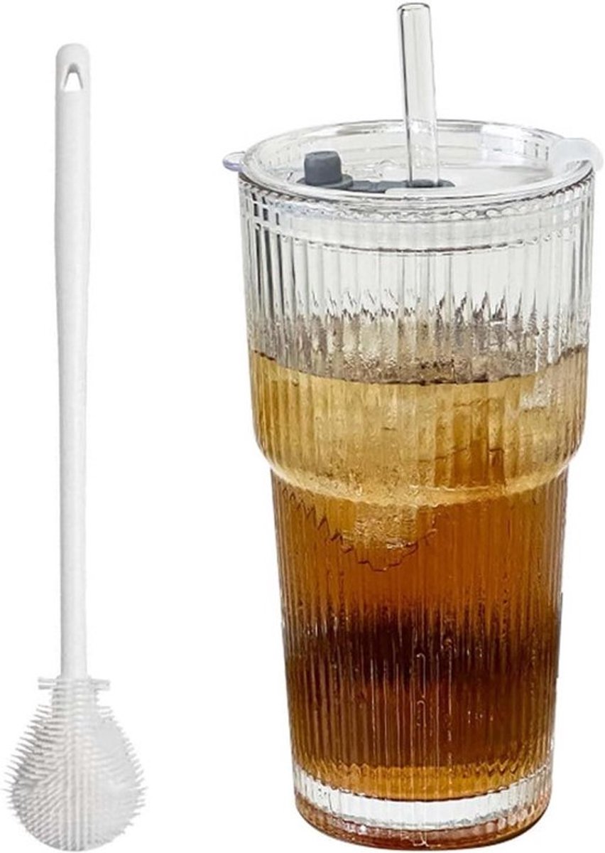 Glazen smoothiebeker Inovra Plus met duidelijk deksel, rietje en
