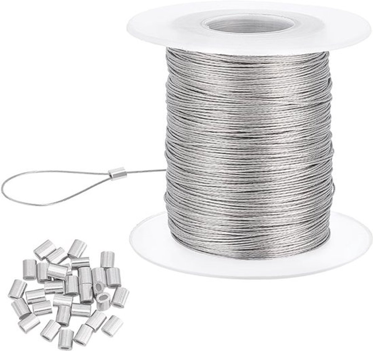 Dailygoods- Ophangdraad 100 m - Roestvrij Staal - 0,5 mm Diameter - 30 Krimphulzen