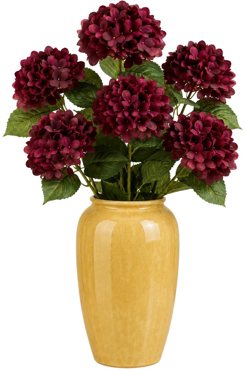 Bellatio Design Kunstbloem Hortensia tak - 4x - bordeaux rood - 48 cm - losse steel - Kunst zijdebloemen - hydrangea