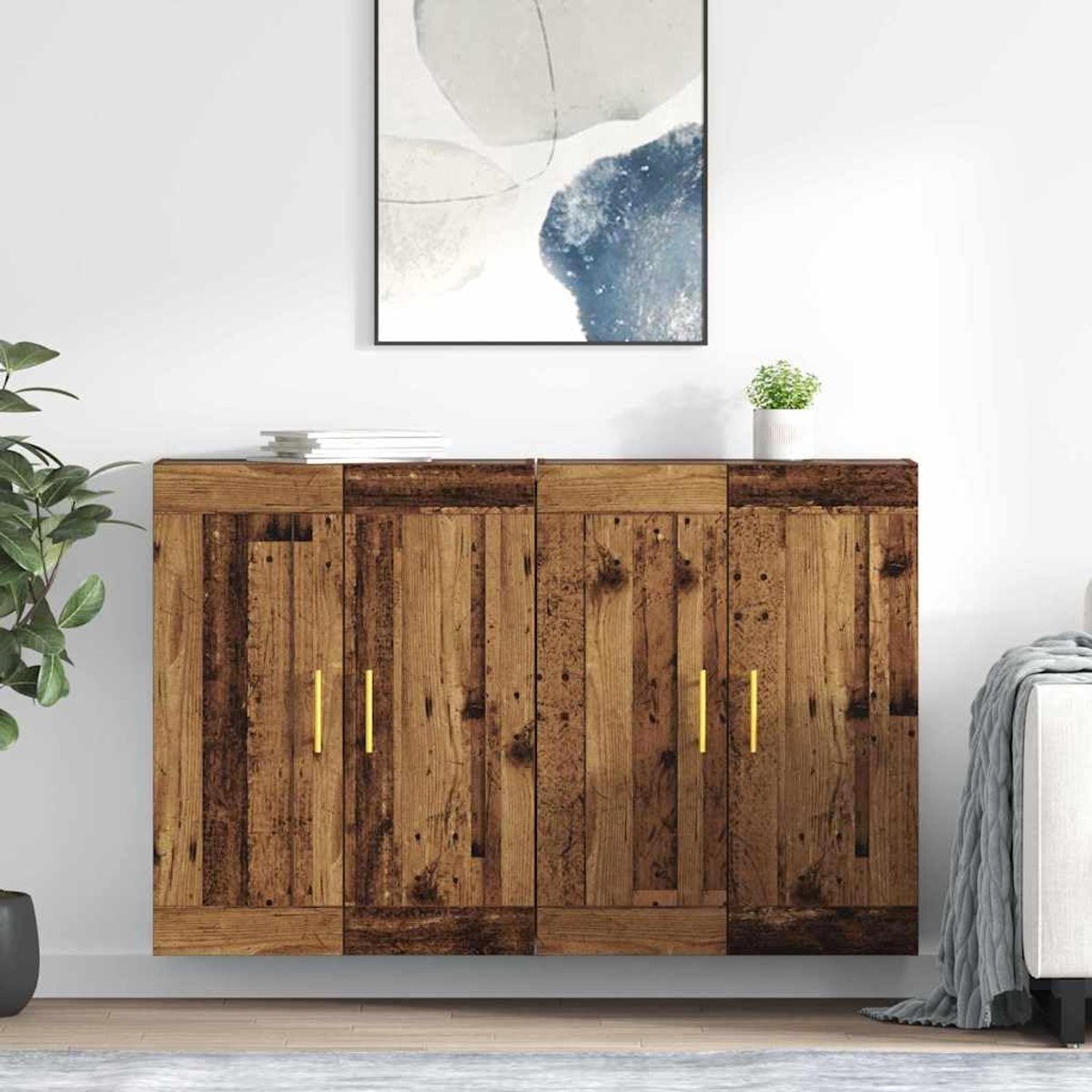 Wandkast 2 stuks - Opbergkast - Ruimte Besparen - Met Deuren - 695 x 34 x 90 cm - Oud Hout