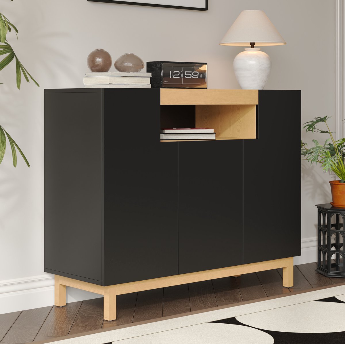 COVREO Buffetkast 120,5 x 42 x 96 cm - 3 deuren, open vak, zwart