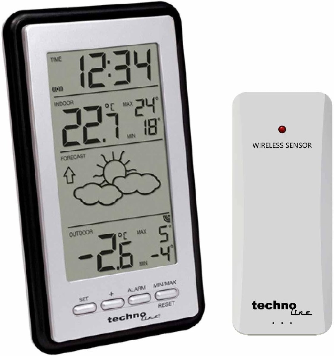SnelShoppen - Weerstation met Voorspelling, Binnen- en Buitentemperatuur, Digitaal Display, Zilver, Perfect voor Thuis, Tuin en Camping