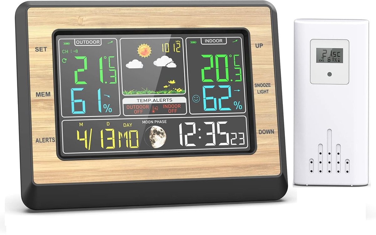 Thijox - Draadloos Weerstation met Buitensensor, Thermometer, Hygrometer, Barometer, LCD-Display, Alarm, Datum, Weersvoorspelling, Maanfase en Wekker