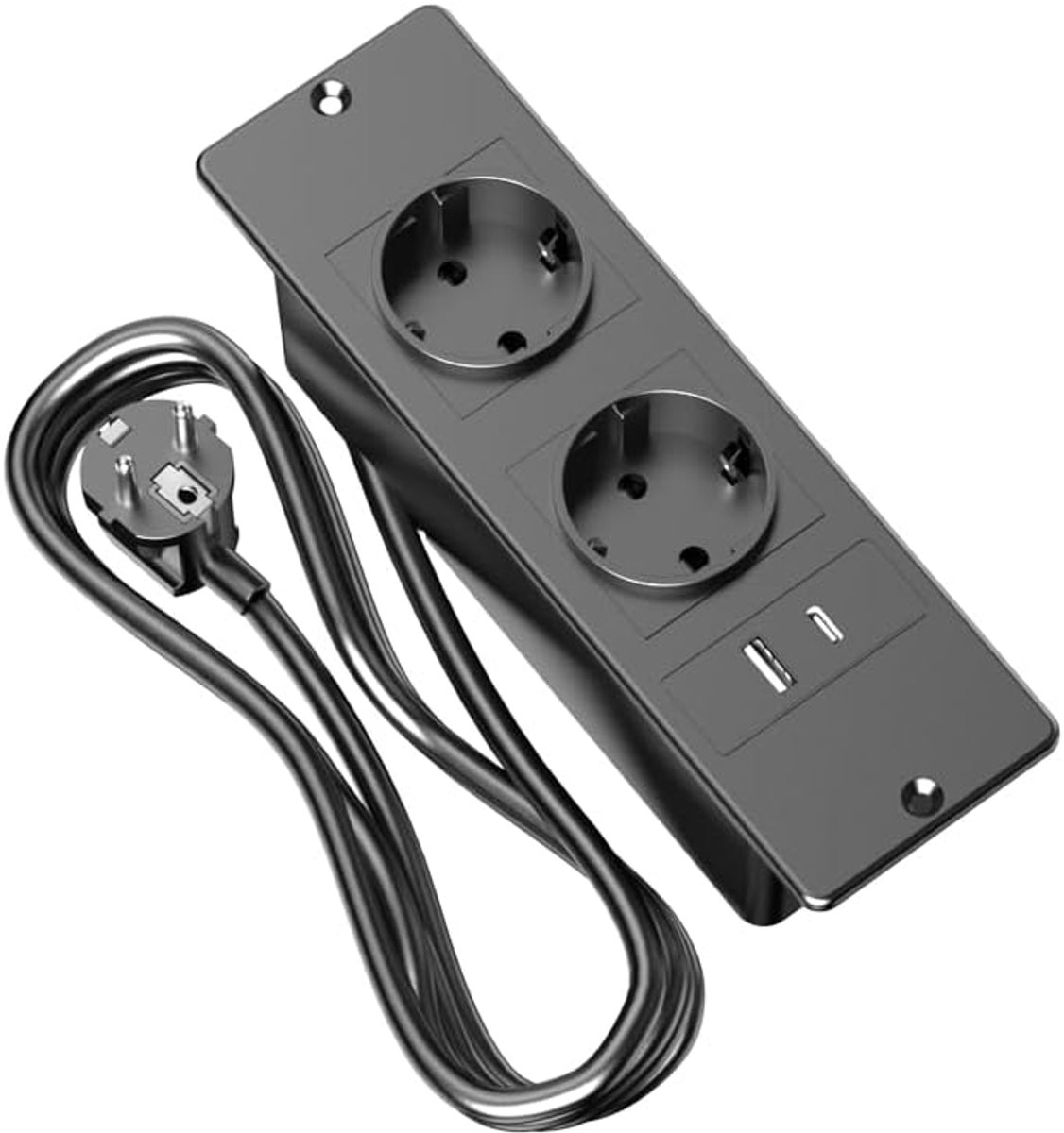 Thijox - Inbouwstekkerdoos met Overspanningsbeveiliging - Schuifbare Tafelstekker met 2 Aardingsstekkers, 1 USB-A en 1 Type-C - 1,5m Kabel voor Werkbl