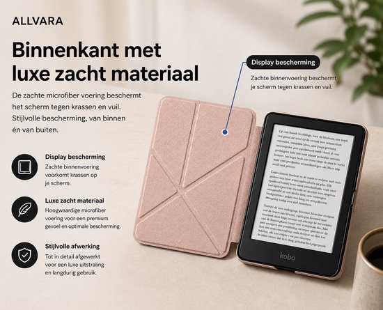 Allvara® Ereader hoes - Kobo Clara BW - Multifunctioneel - Ingebouwde standaard Trifold - Wake/Sleep Cover - 360° Bescherming - Rose Goud — afbeelding 2