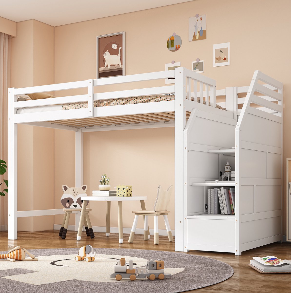 STILVORA Hoogslaper 90x200 cm – Met Lattenbodem En Opbergladder – Met Uitvalbeveiliging En Open Ruimte – Kinderkamer – Hout MDF – Wit – Zonder Matras