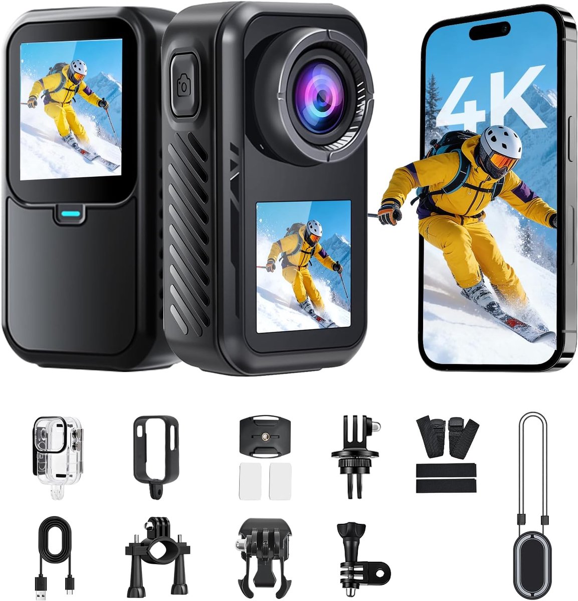 Thijox - AIKER Action Cam 4K/5K WiFi, 30m Waterdicht, 180 Minuten Batterijduur, Dual-Screen, 360° Actiecamera voor Fiets, Snorkelen, Motorfiets, Wande