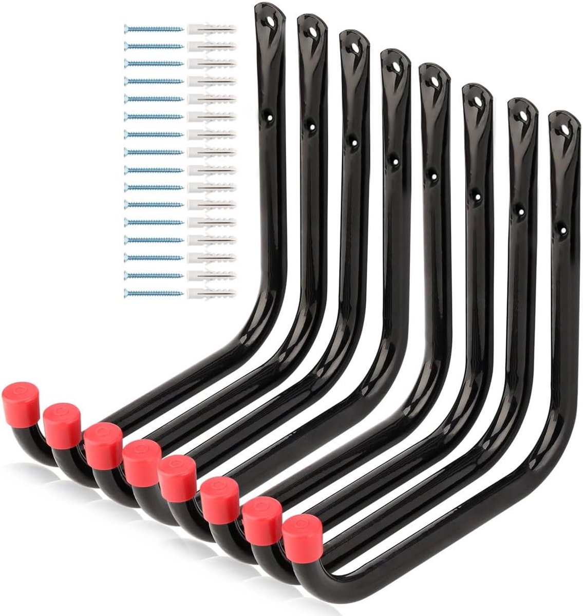 Thijox - 8 Stuks Zware Garageopslag Utility Haken, 17 cm Wandhangers voor Tuingereedschap, Fiets, Slang, Stoel, Zwart + Rood, Voor Binnen en Buiten