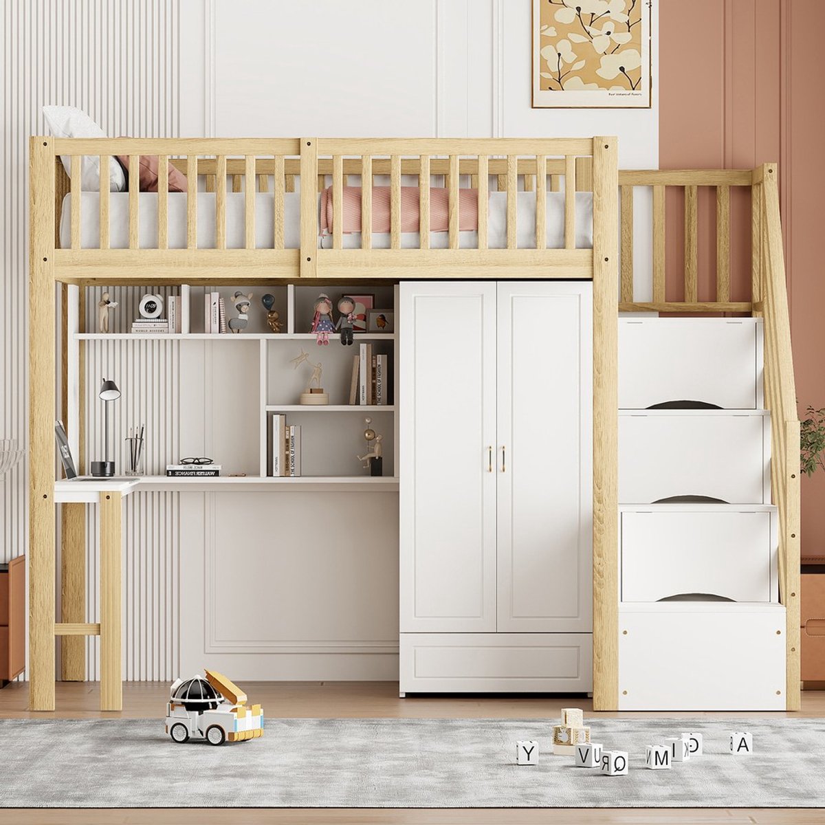 KOMHTOM - Hoogslaper - 90 x 200 cm - Grote kledingkast, plank en tafel - Opbergtrap - Houtkleur houten bedframe