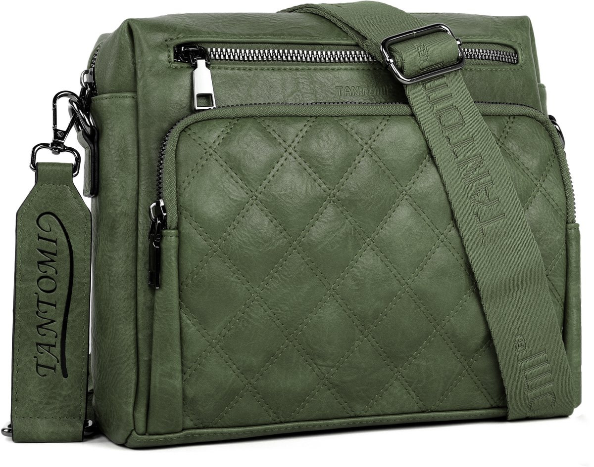 TANTOMI - Dames Schoudertas - met 6 RFID-Kaartsleuven - Crossbodytas Middelgrote - Met Verstelbare en Afneembare Brede Band - Donkergroen
