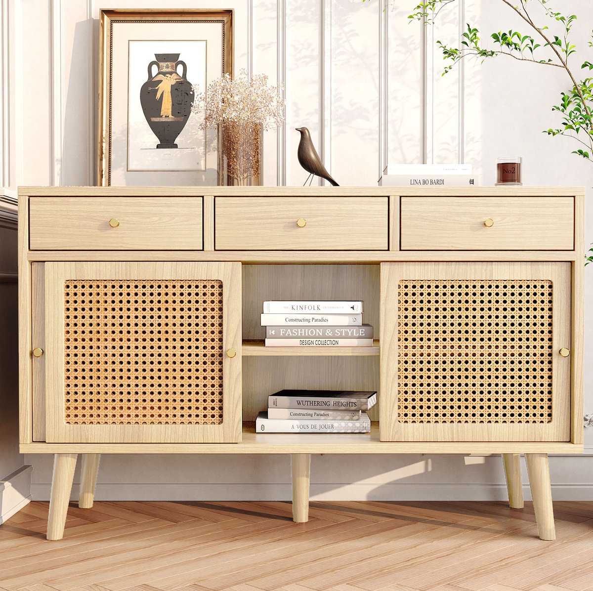 COVREO dressoir 120 x 40 x 78 cm - 3 lades, 3 schuifdeuren, verstelbare planken, eikenkleur
