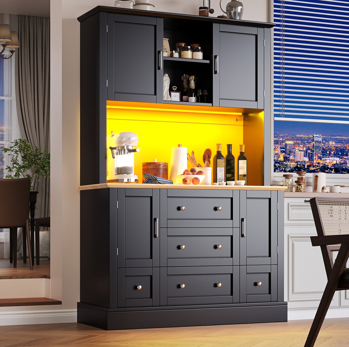COVREO Buffetkast 115 x 40 x 180 cm - met LED-verlichting, app-bediening, zwart naturel