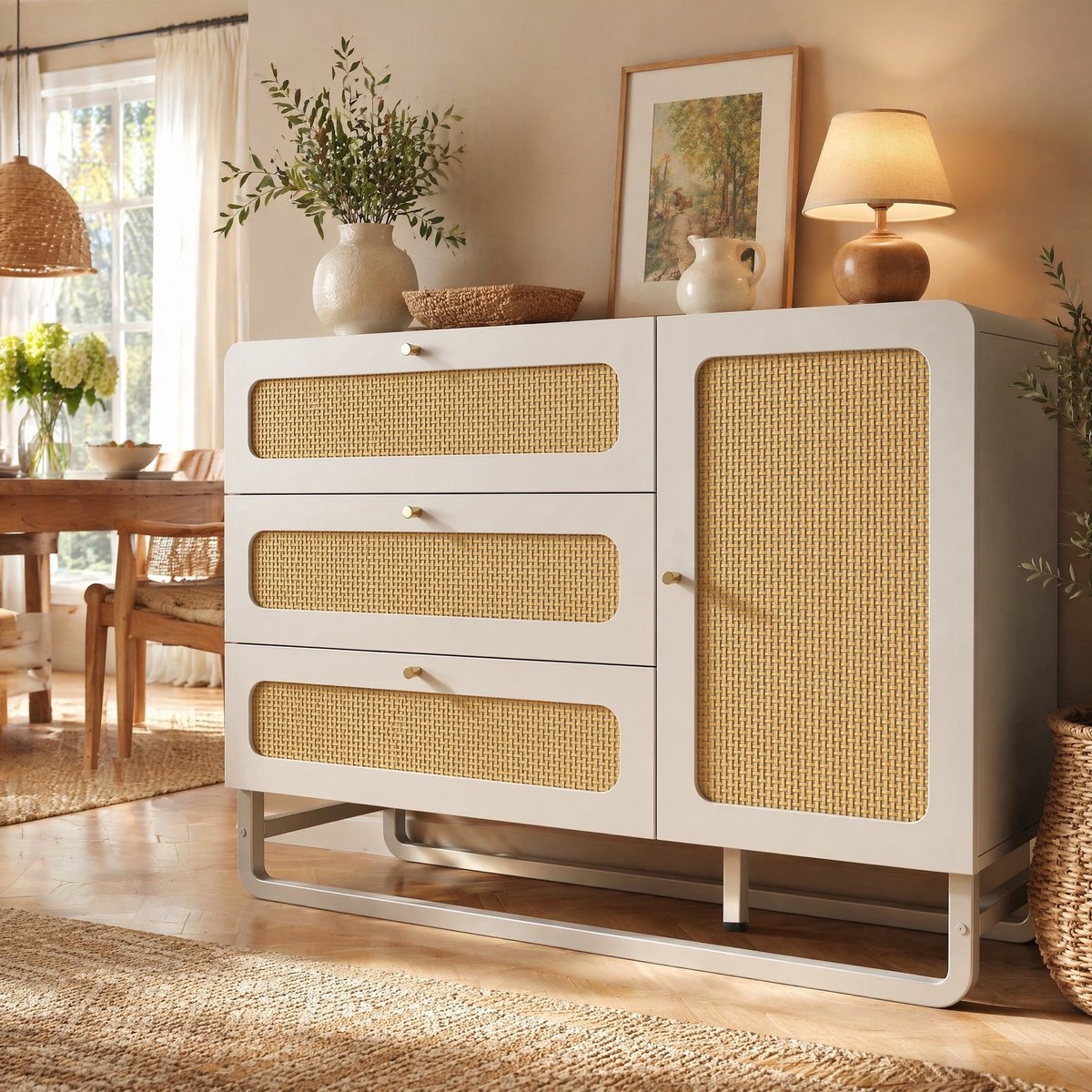 COVREO dressoir 120x85x40 cm - wit met 3 lades, 1 deurkast, verstelbare plank en rattan