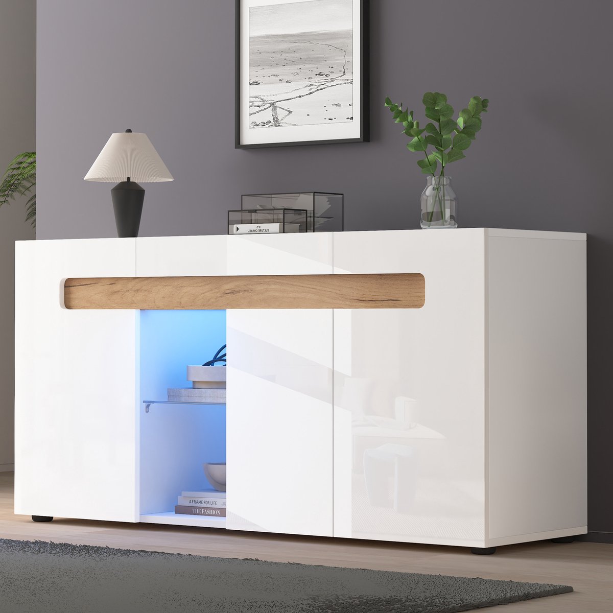 COVREO dressoir 140x40x70 cm - 3 deuren, LED-verlichting met app-bediening, wit en houtkleur