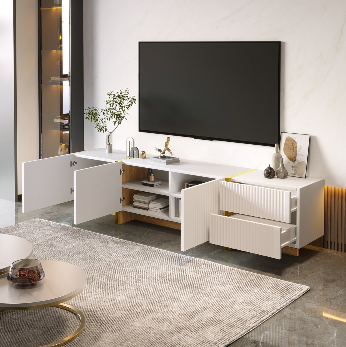 COVREO TV meubel 190 x 35 x 45 cm - 3 deuren, 2 lades, wit met goud en houtlook