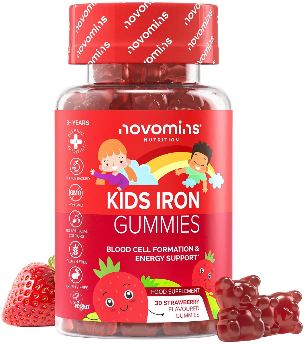 Novomins IJzer Gummies voor Kinderen - 30 Gummies - Aardbei
