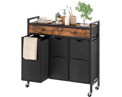 Home & Beyond® Wasmandkast met 3 Vakken en Lades - Wassorteerder op Wielen met Uitneembare Waszakken - Zwart en Vintage Houtlook - 84 x 30 x 96 cm