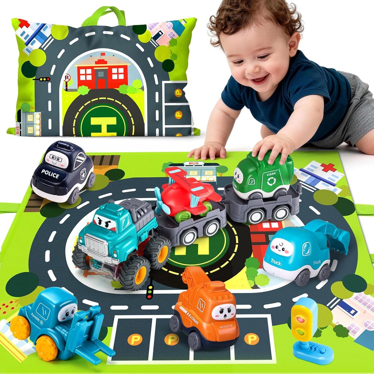 SnelShoppen - 6 voertuigen met aanhangwagen, kaart en gele verkeerslicht | Baby speelgoed voor jongens van 1, 2 en 3 jaar | Verjaardagscadeau voor 1e