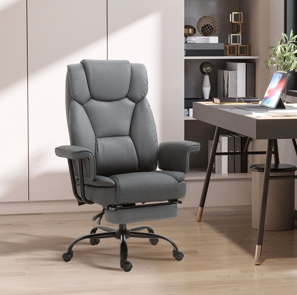 STILVORA Bureaustoel 68 x 80 x 120-126 cm - Ergonomisch Met 150 Graden Ligfunctie En Uitschuifbare Voetsteun - Voor Kantoor En Thuiswerkplek - Kunstleer Grijs