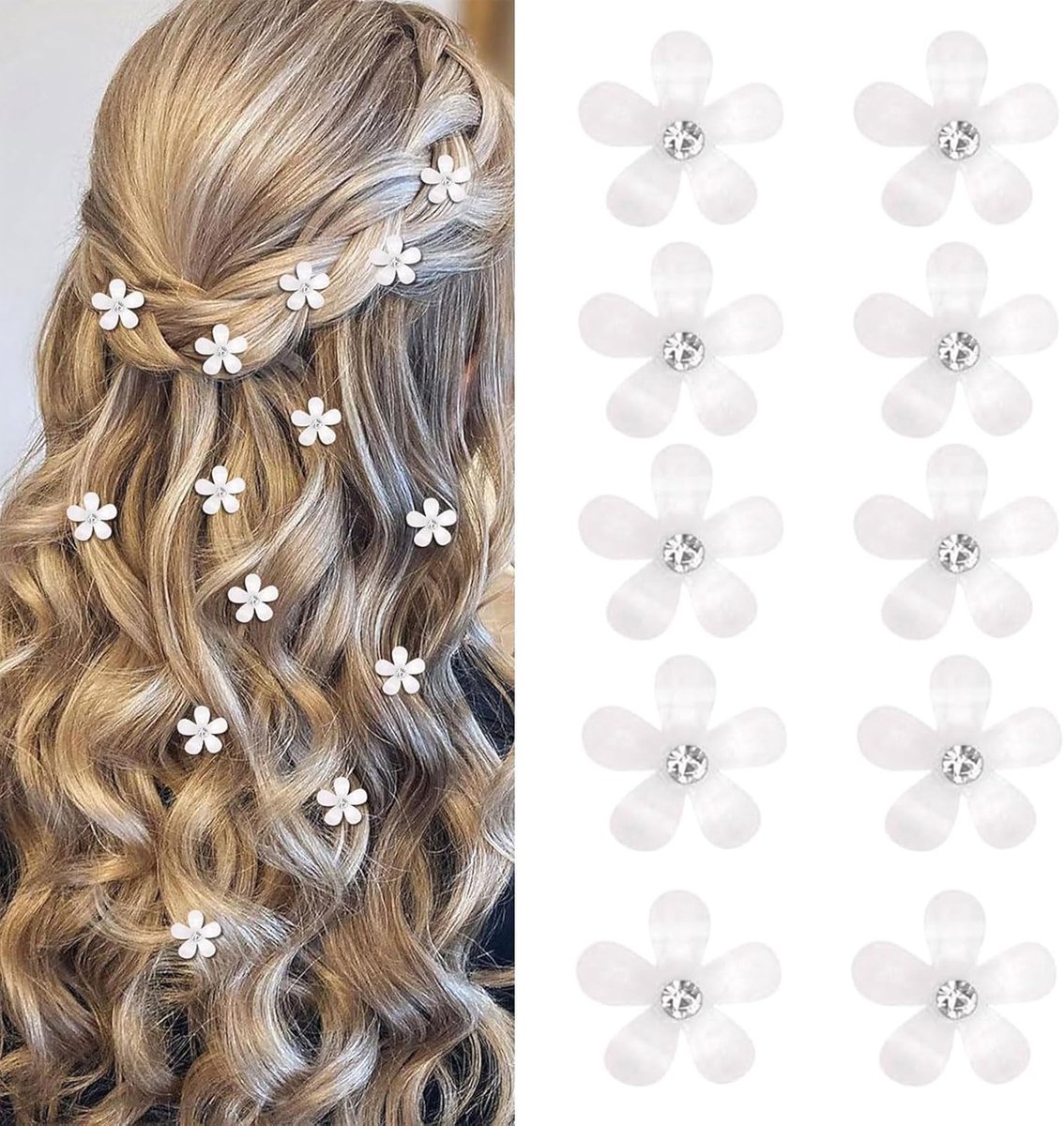 Thijox - 10 Stuks Witte Mini-Bloemen Haarspelden Met Strass - Schattige Decoratieve Haaraccessoires Voor Bruiloft, Feest & Speciale Gelegenheden