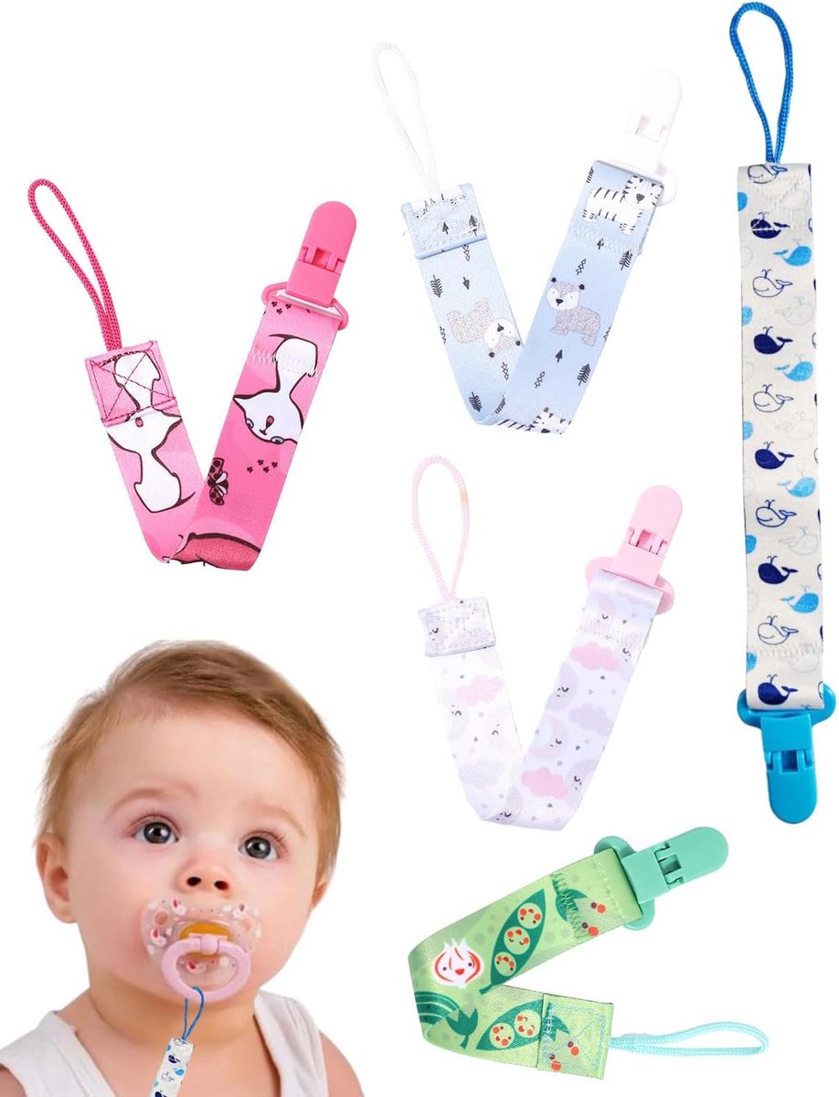 Thijox - 5 stuks stoffen fopspeenkettingen, fopspeenhouders voor meisjes en jongens, fopspeenband met 4 clips, geschikt voor fopspeen-B, ideaal voor k