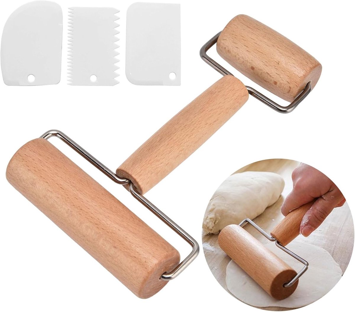 SnelShoppen - Houten deegroller set met 2 rollen en 3 deegschrapers, ideale bakaccessoires voor pizza, desserts en dumplings, 17.5x11.5 cm, beukenhout