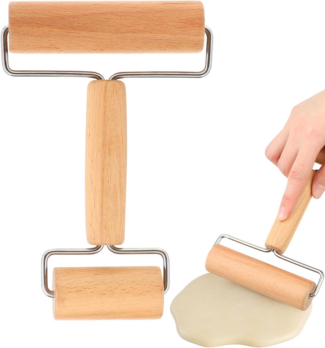 Thijox - Houten Deegroller met Twee Rollen, Klein en Middelgroot, Ideaal voor Pizza, Desserts en Knoedels, Antiaanbaklaag, Beukenhout, 17,5 x 11,5 x 3