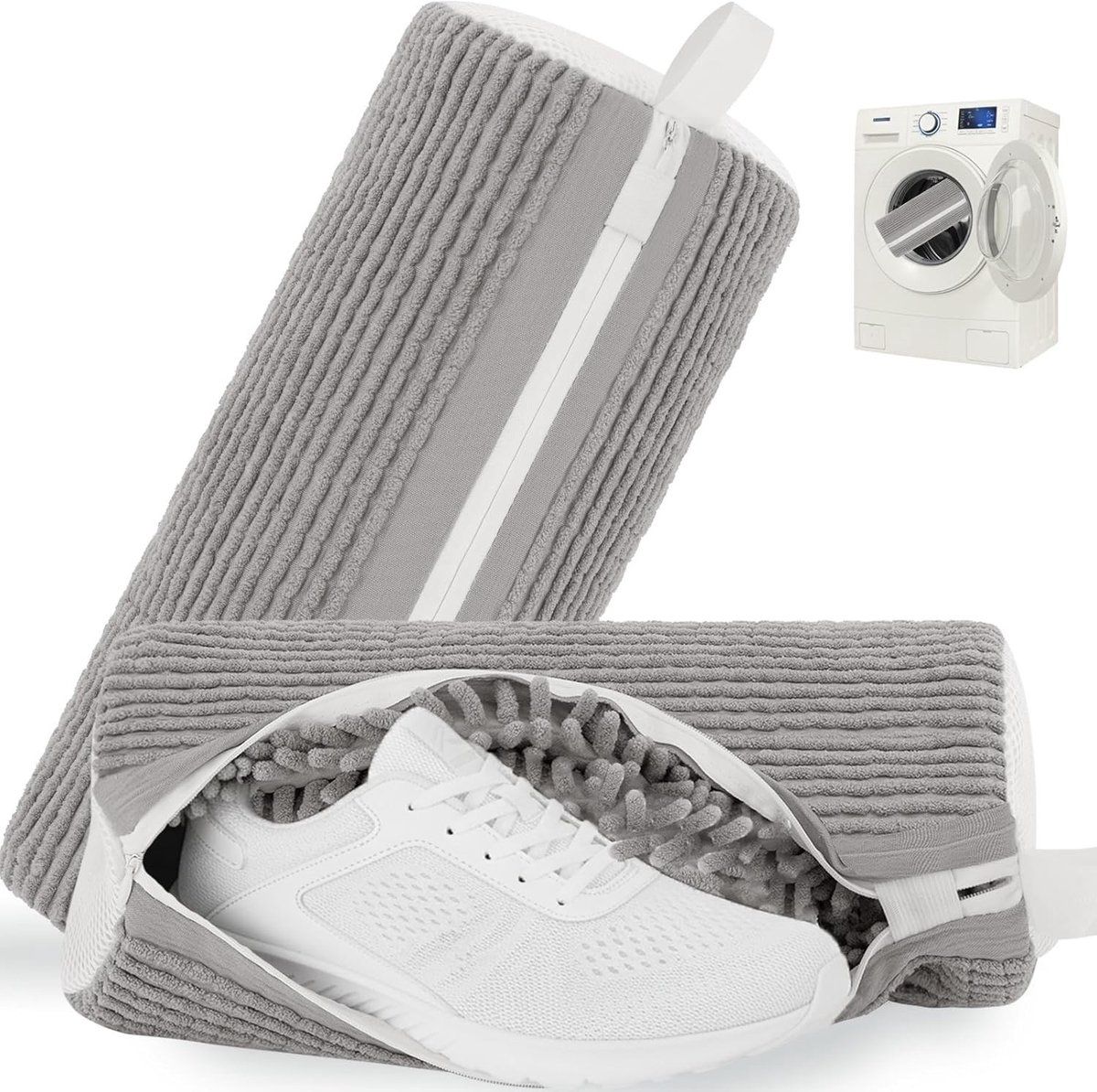 Waszak voor Schoenen, 2 Stuks, Bescherming tegen Vervorming en Geluid, Ideaal voor Sneakers en Laarzen, Dikke Pluche Mesh met Rits, Grijs en Duurzaam