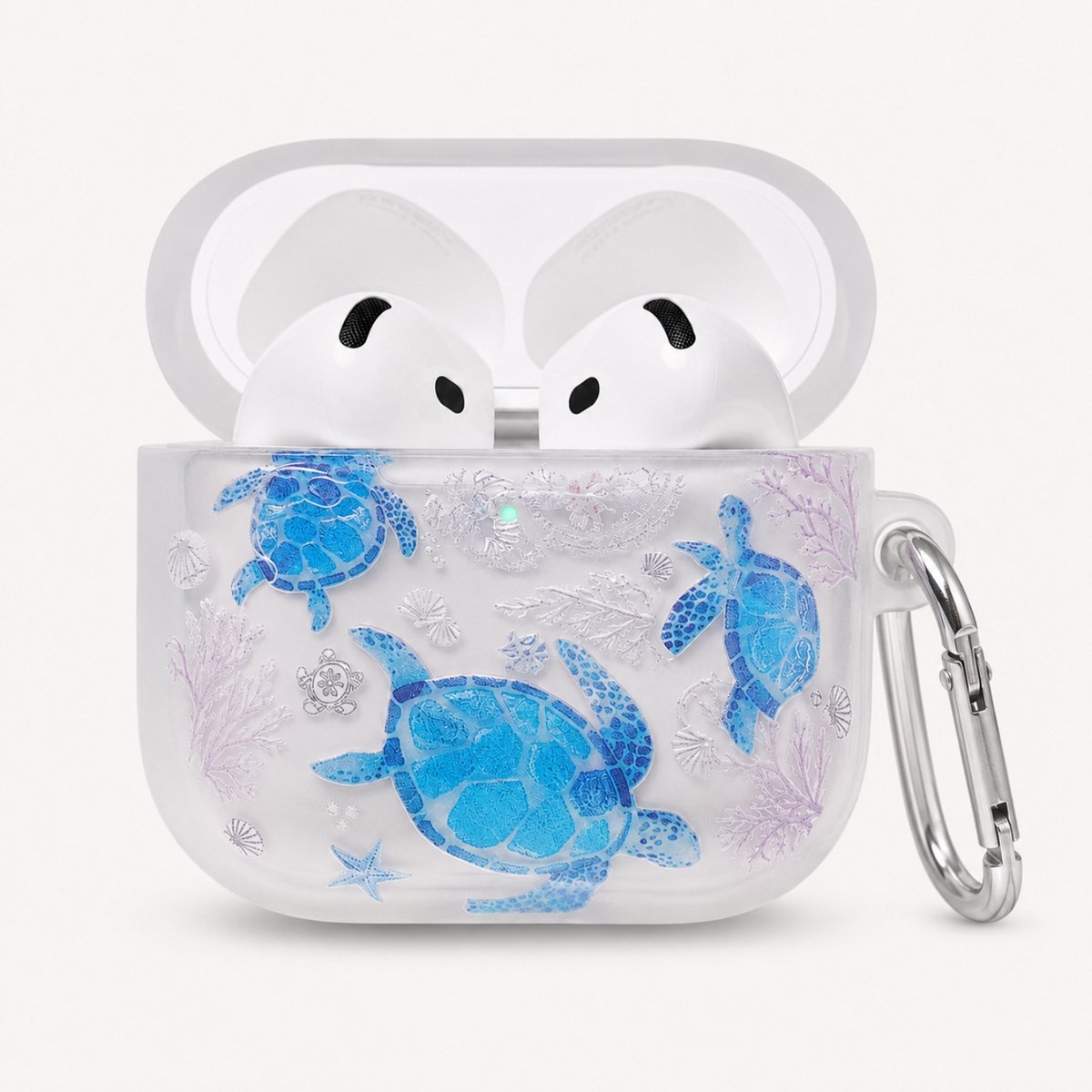 Enluxe Case geschikt voor Airpods 4 - Blauwe Zeeschildpadden - Transparant Hoesje met Karabijnhaak, Schokbestendig