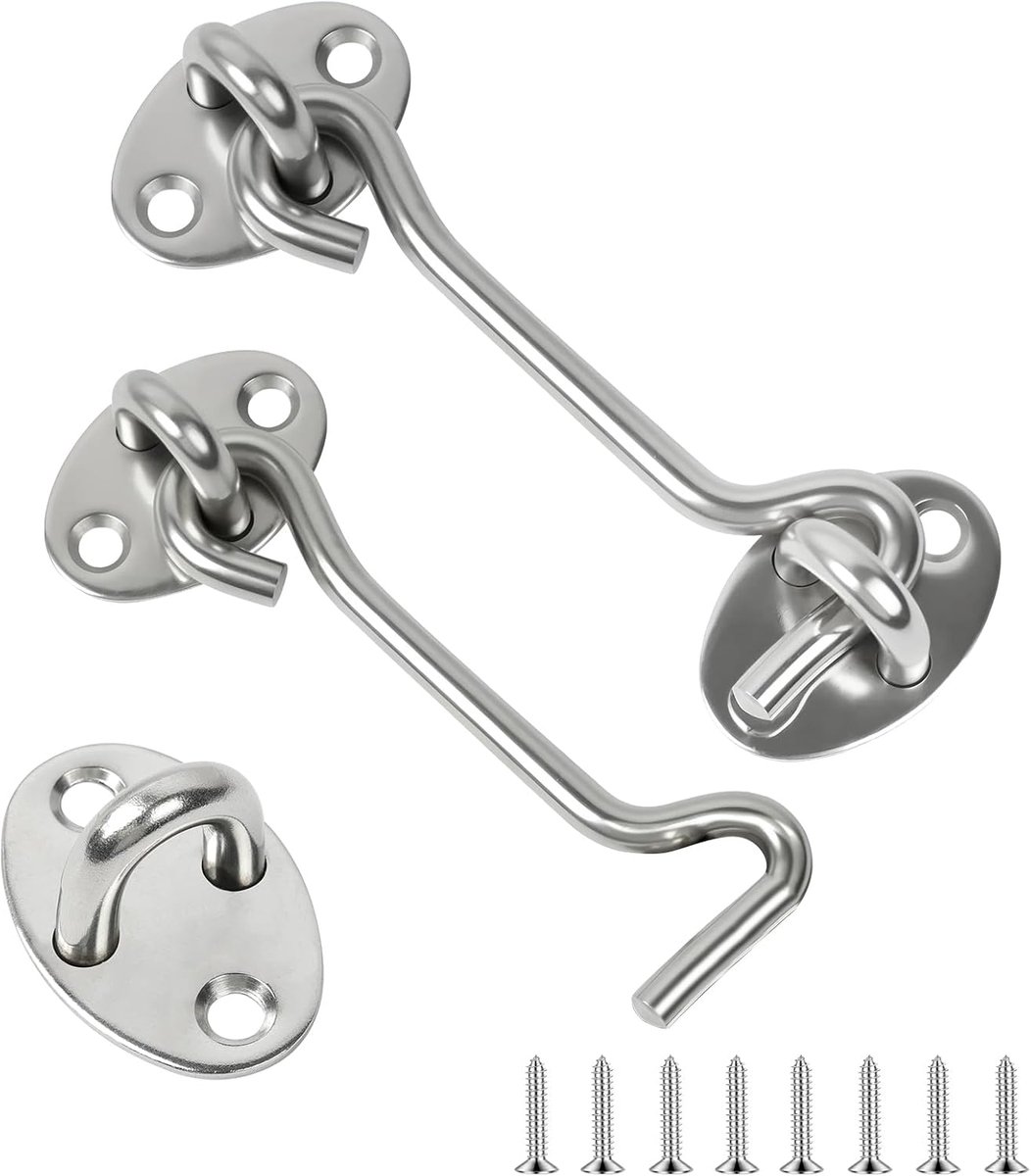Deurhaken, schuurdeurhaken (4-delige set), 40 cm ，deursluiting (haak-en-boutslot), roestvrijstalen deurhaken, binnendeursloten met montageschroeven. Zilver.