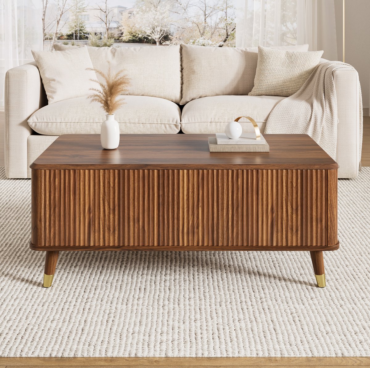 OKWISH Salontafel - Verstelbaar En Uittrekbaar Tafelblad - Woonkamer Met Opbergruimte - MDF In Walnootkleur - 97 x 52 x 56,5 cm