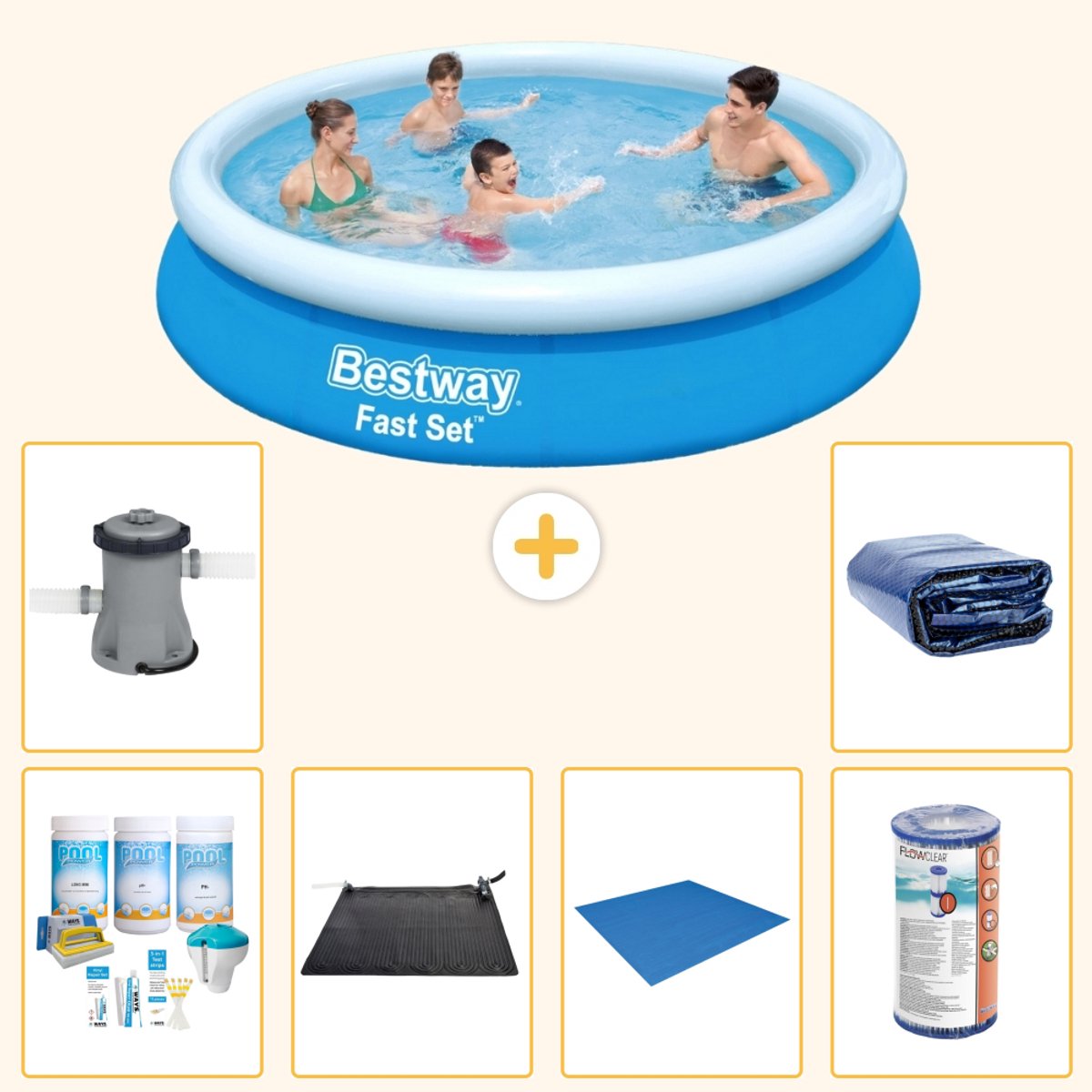 Bestway Rond Opblaasbaar Fast Set Zwembad - 366 x 76 cm - Blauw - Inclusief Onderhoudspakket - Solar Mat - Grondzeil - Filter - Zwembadfilterpomp - Solarzeil - 7-delig