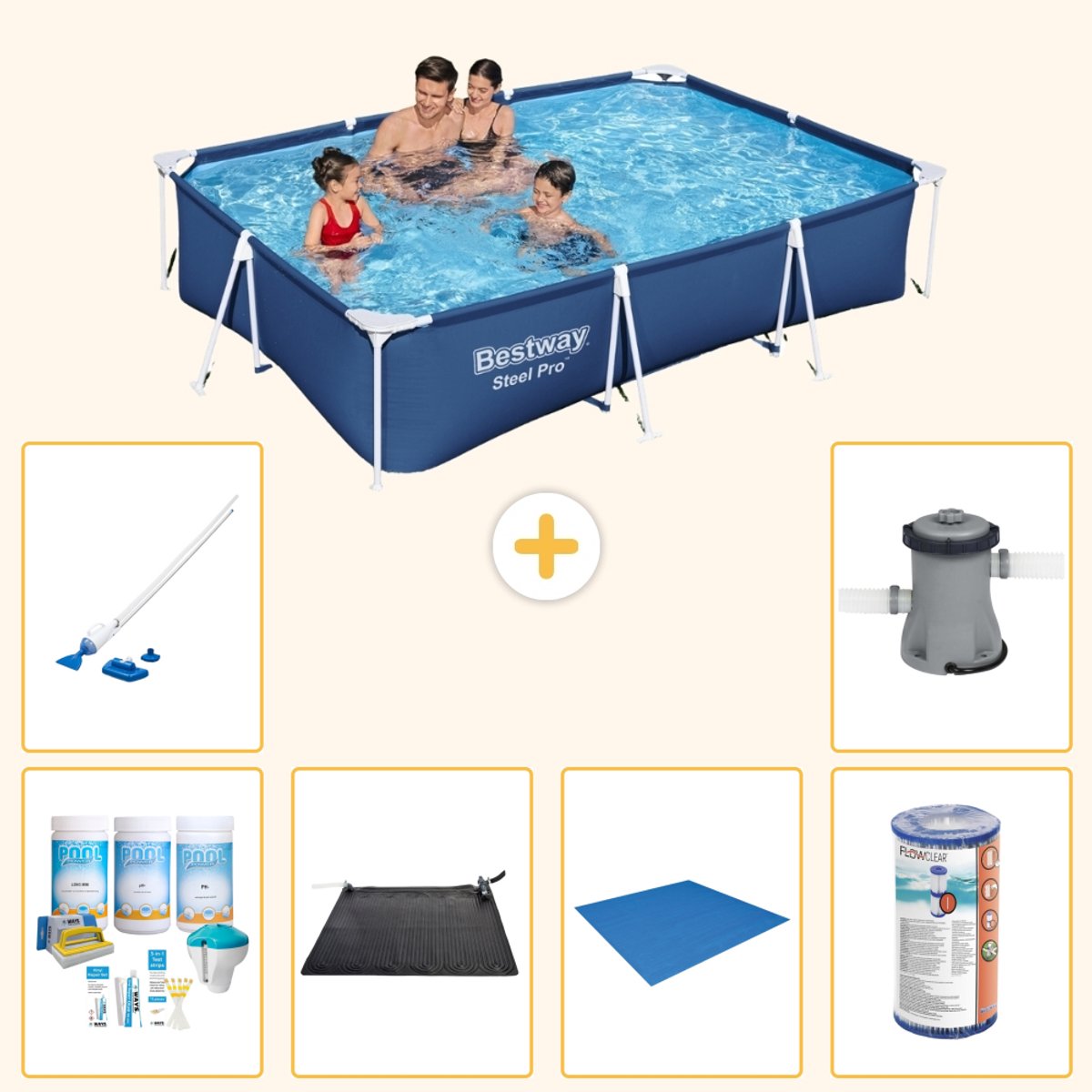 Bestway Rechthoekig Steel Pro Zwembad - 300 x 201 x 66 cm - Blauw - Inclusief Onderhoudspakket - Solar Mat - Grondzeil - Filter - Stofzuiger - Zwembadfilterpomp - 7-delig