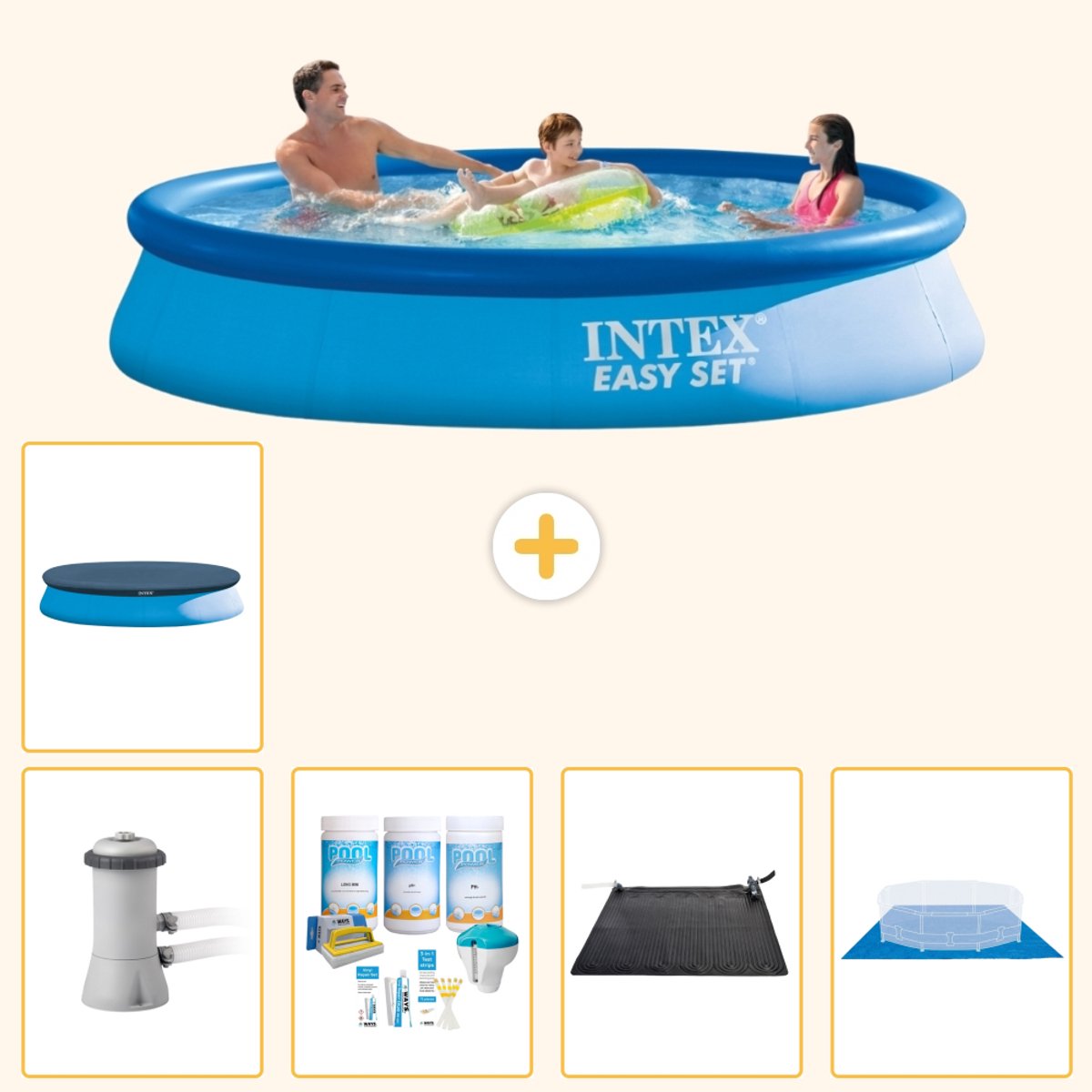 Intex Rond Opblaasbaar Easy Set Zwembad - 366 x 76 cm - Blauw - Inclusief Pomp - Onderhoudspakket - Solar Mat - Grondzeil - Afdekzeil - 6-delig