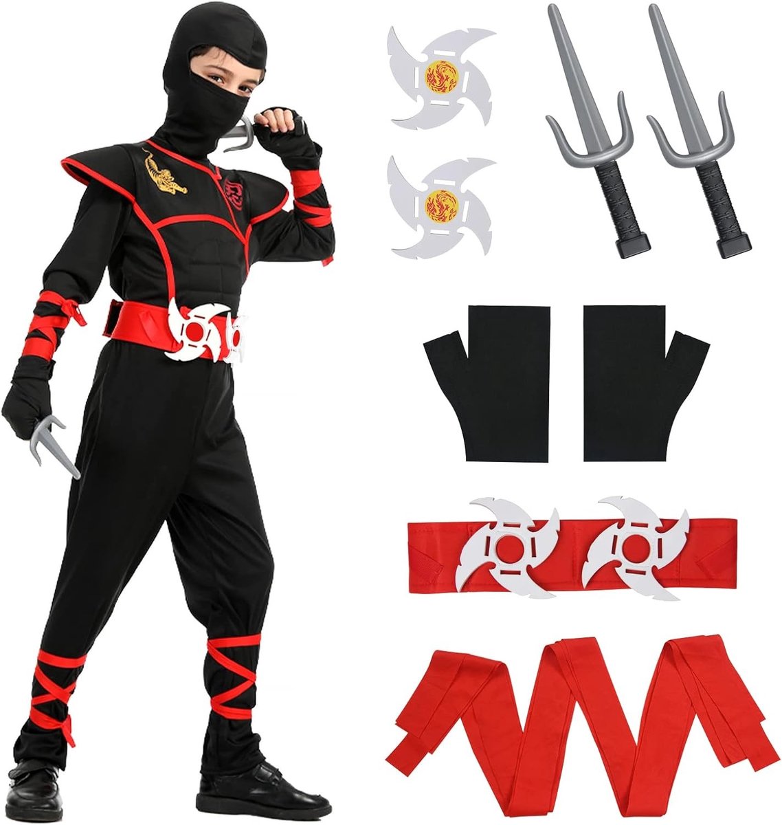 Halloween Kostuum voor Kinderen met Ninja Accessoires, Spierkostuum voor Jongens en Meisjes, Luxe Verkleedoutfit voor Cosplay en Feestjes (XL)