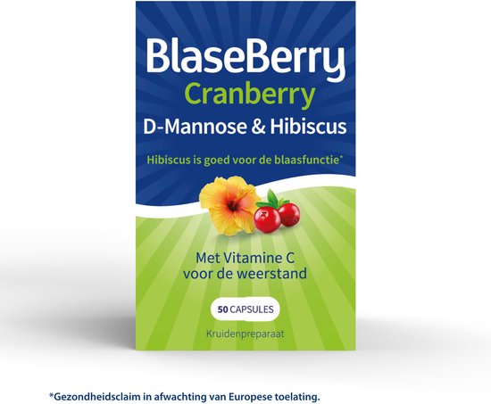 Verpakking BlaseBerry Cranberry D-Mannose & Hibiscus met hibiscusbloem en cranberries. Tekst: Met Vitamine C voor de weerstand. 50 CAPSULES. Kruidenpreparaat.