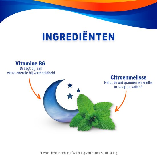 Ingrediënten: Vitamine B6 voor extra energie bij vermoeidheid, citroenmelisse voor ontspanning en sneller in slaap vallen.