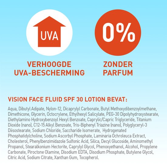 UVA-bescherming en 0% parfum met ingrediëntenlijst van Vision Face Fluid SPF 30.