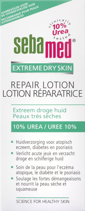 Sebamed Repair Lotion Extreem droge huid. Witte verpakking met Nederlandse en Franse tekst.